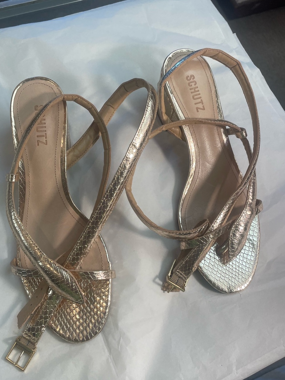 SCHUTZ Metallic Rose Gold Strappy Slingback Sandals